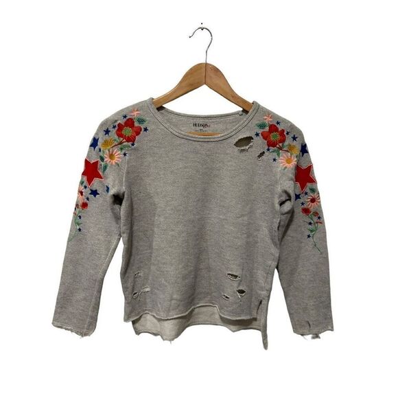 Hudson Kids Embroidered Destructed Distressed Grey Floral Sweater Kids Size 9/10 - Picture 1 of 9